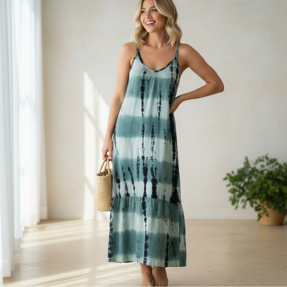 Brandee Hawaii Tie Dye Midi Dress Small Braided T-Back Boho Beach Coverup